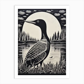 B&W Bird Linocut Common Loon 2 Art Print