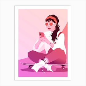Skater Girl With Sunglasses Pinkorange Art Print