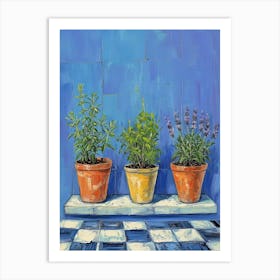 Potted Herbs On A Blue Checkered Windowsil 1 Art Print