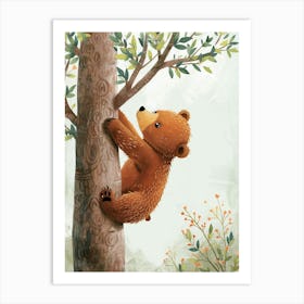 Brown Bear Cub Climbing A Tree Storybook Illustration 2 Art Print