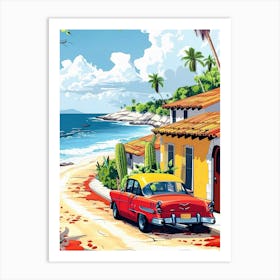 Red Car On The Beach Art Print