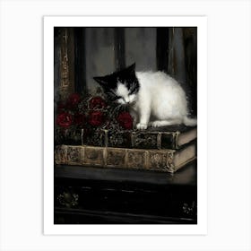 Dark Gothic Cat With Roses Art Print