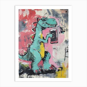 Dinosaur On The Phone Purple Graffiti Style 4 Art Print