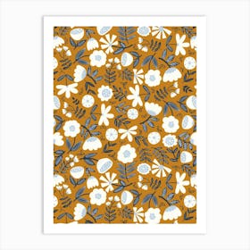 Cute Soft Scattered Scandi Florals Gold Yellow, White, Navy Blue Art Print