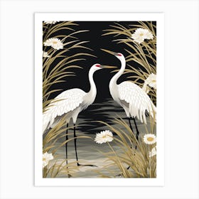 White And Gold Cranes Vintage Japanese Botanical Art Print