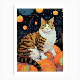 Ginger And With Cat With Pumpkins Oil Painting Art Print