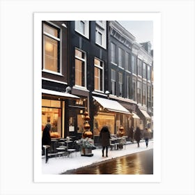 Amsterdam cafes, winter season, Christmas, autumn oil colors, pale colors, pedestrians in the street, winter clothes, falling snow.6 2 Art Print