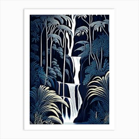 Waterfalls In A Jungle Waterscape Linocut 1 Art Print