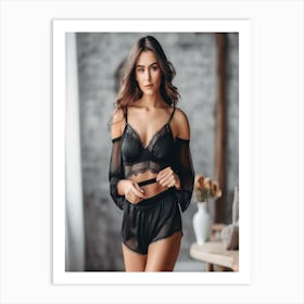 beautiful girl in Black Lingerie Set Art Print