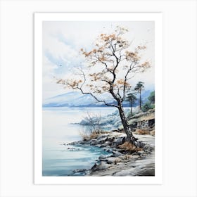 Lake Toya In Hokkaido, Japanese Brush Painting, Ukiyo E, Minimal 2 Art Print