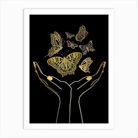 Gold Butterfly In Hands Vector Illustration Art Print