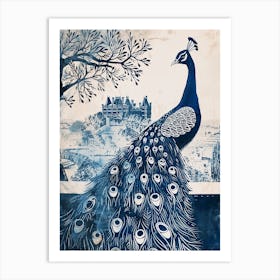 Peacock Blue Linocut Inspired With A Castle In The Background 1 Art Print