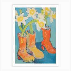 A Painting Of Cowboy Boots With Daffodil Flowers, Pop Art Style 4 Art Print