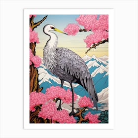 Pink Blossoms And Crane 1 Vintage Japanese Botanical Art Print