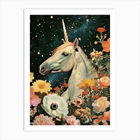 Floral Unicorn In Space Retro Collage 4 Art Print