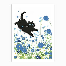 Black Cat In Blue Flowers 1 Art Print