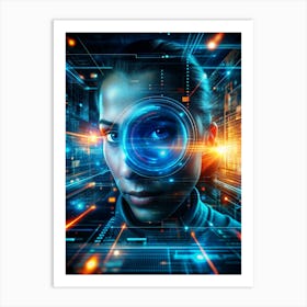 Close Up Portrait Of A Woman With A Futuristic Hud Overlay Focusing On Her Eye, Surrounded By Glowing Blue And Orange Data Streams Art Print