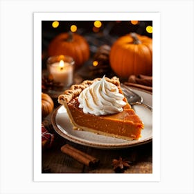 Close Up Top View Of Pumpkin Pie Slice Topped With Whipped Cream Resting On A Wooden Table Surroun Art Print