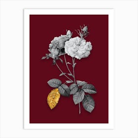 Vintage Damask Rose Black and White Gold Leaf Floral Art on Burgundy Red n.0846 Art Print