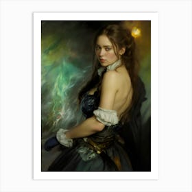 victorian steampunk lady adventurer female portrait in blue Art Print