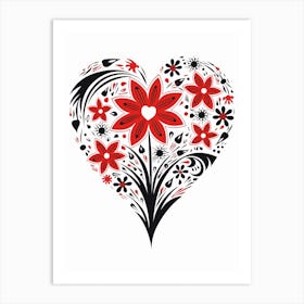 Heart Red & Black Linocut Style White Background 5 Art Print