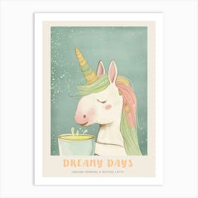 Pastel Storybook Style Unicorn Drinking A Matcha Latte 2 Poster Art Print
