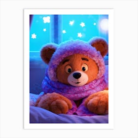 Cartoonish Bear Character Named Bedtimebear Lounging In A Fluffy Bed Adorned With A Vibrant Scarf Art Print