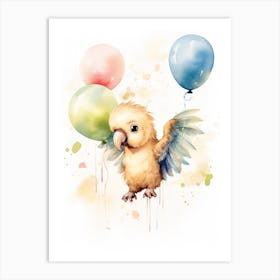 Baby Parrot Flying With Ballons, Watercolour Nursery Art 4 Art Print