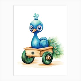 Baby Peacock On A Toy Car, Watercolour Nursery 1 Art Print