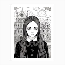 Nevermore Academy With Wednesday Addams Line Art 07 Fan Art Art Print