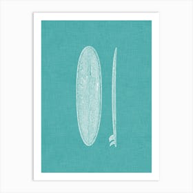 Vintage Surfboard Silhouette On Teal Linen Texture Art Print