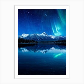 Starry Lake Reflecting Snow Capped Mountains Northern Lights Streaking Across The Indigo Sky Const Art Print