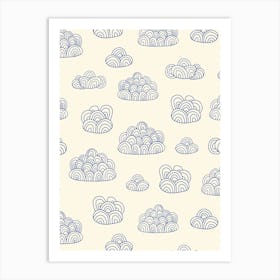 Fluffy Abstract Doodle Line Art Clouds Navy Blue on White Art Print