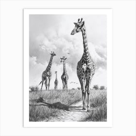 Giraffe Walking Down The Path Pencil Drawing 4 Art Print