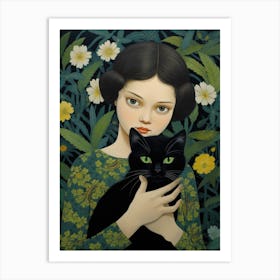 Girl With A Black Cat 1 Art Print