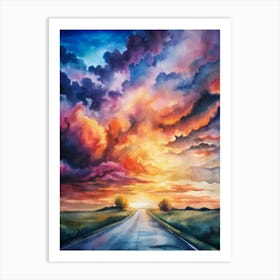 A Dramatic Sunset With Vivid Clouds And A Road Di Affiche