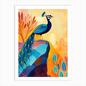 Peacock On A Cliff At Sunset Art Print