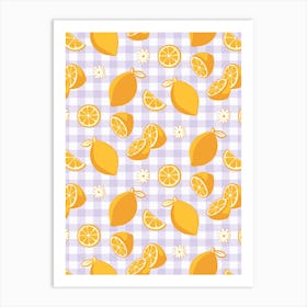 Lemon Pattern on Lilac Purple Gingham Art Print