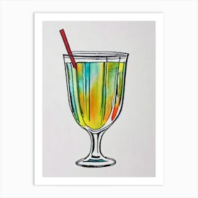 Hemingway Daiquiri 2 Minimal Line Drawing With Watercolour Cocktail Poster Art Print