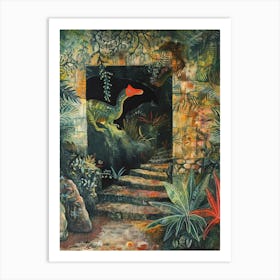 Dinosaur In An Ancient Tunnel Covered In Vines Painting 1 Art Print