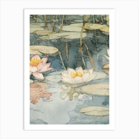 Water Lilies Print Vintage Flowers Pond Watercolour 2 Art Print