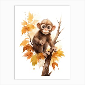 A Monkey Watercolour In Autumn Colours 3 Art Print