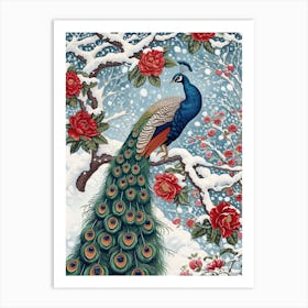 Peacock Snow Scene Vintage 2 Art Print