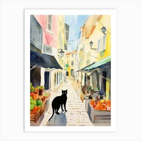 Food Market With Cats In Lisbon 4 Watercolour Art Print