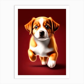 Puppy Running On Red Background Art Print