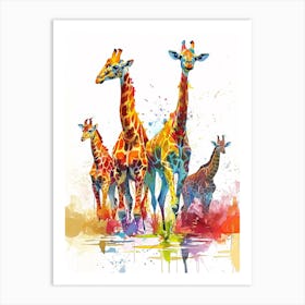 Herd Of Giraffe In The Water Watercolour 1 Art Print