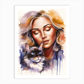 Watercolor Of A Woman With A Cat Art Print