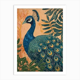 Blue Mustard Peacock With Tropical Leaves 2 Art Print