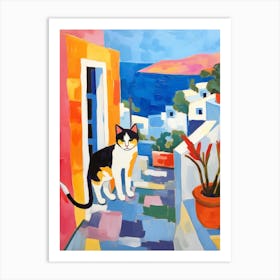 Painting Of A Cat In Santorini Greece 3 Art Print