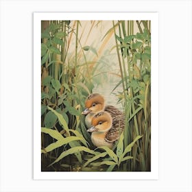 Ducklings In The Leaves Japanese Woodblock Style 3 Art Print